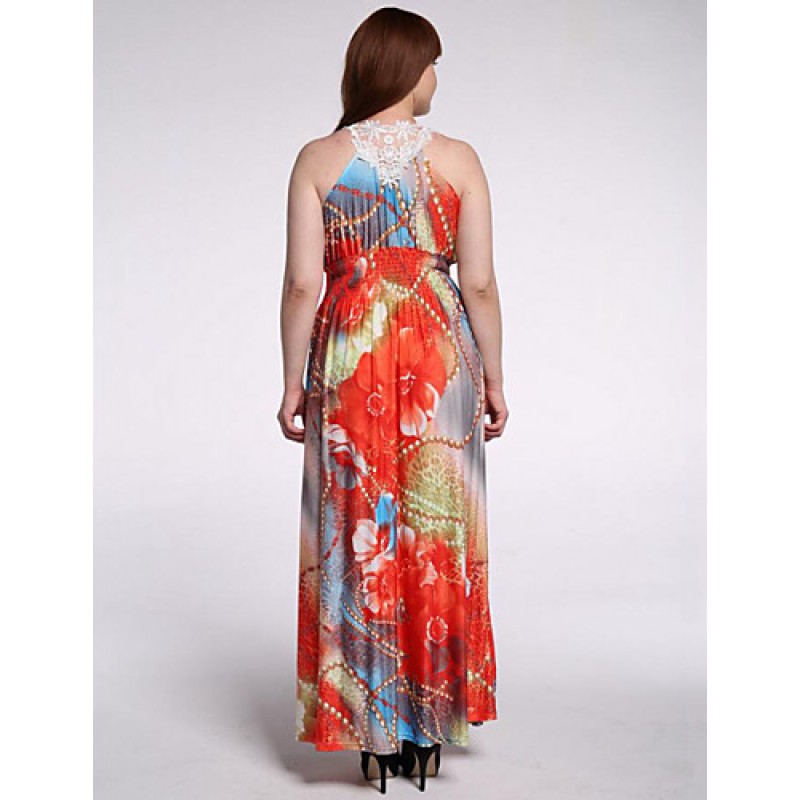 ACGCUL Women's Beach / Plus Size Boho Dress,Floral V Neck Maxi Sleeveless Orange Polyester / Spandex Summer