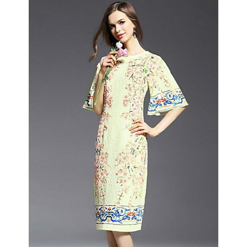 ACGCUL Casual/Daily Simple Sheath Dress,Print Round Neck Knee-length ? Length Sleeve White Others Summer Mid Rise