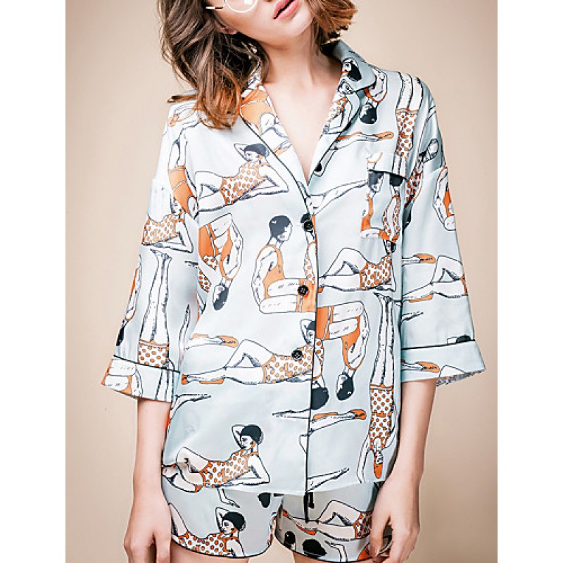 ACGCUL LIANGSANSHIWomen's Casual/Daily Street chic Summer Shirt,Print Shirt Collar ? Sleeve Blue Polyester / Others Thin