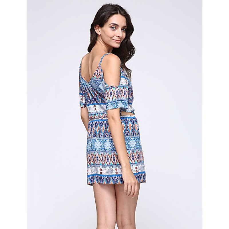 ACGCUL Women's Casual/Daily Boho Sheath Dress,Print Strap Above Knee Short Sleeve Blue Polyester Summer