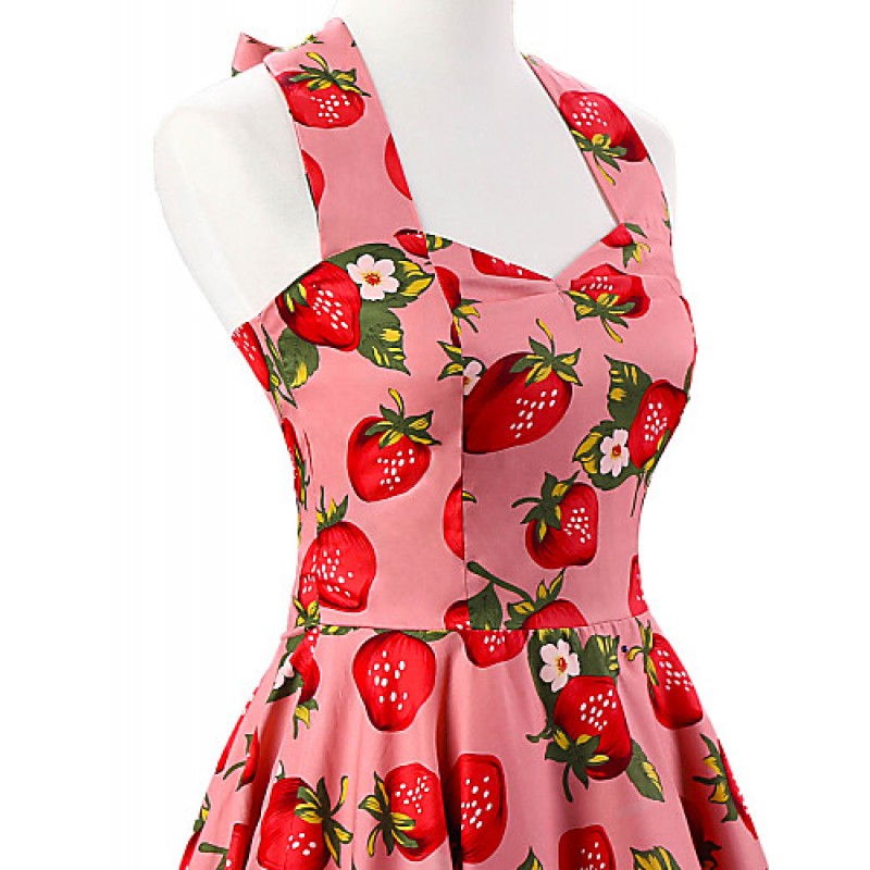 ACGCUL Women's Pink Strawberry Pattern Floral Dress , Vintage Halter 50s Rockabilly Swing Dress