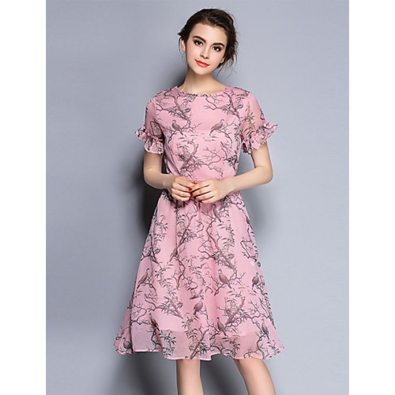 ACGCUL Women's Party/Cocktail Vintage Sheath / Chiffon Dress,Print Round Neck Knee-length Short Sleeve Pink Silk Summer