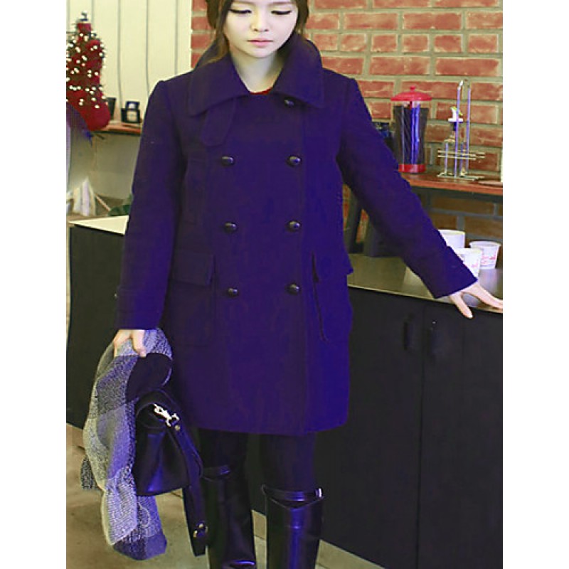 ACGCUL Women's Casual/Daily Simple Coat,Solid Notch Lapel Long Sleeve Winter Blue Polyester Medium