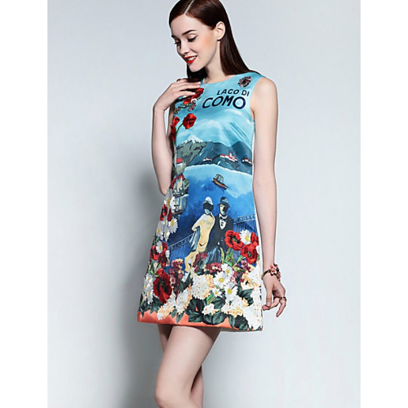 ACGCUL Boutique S Women's Casual/Daily Cute A Line Dress,Print Round Neck Above Knee Sleeveless Blue Cotton Summer