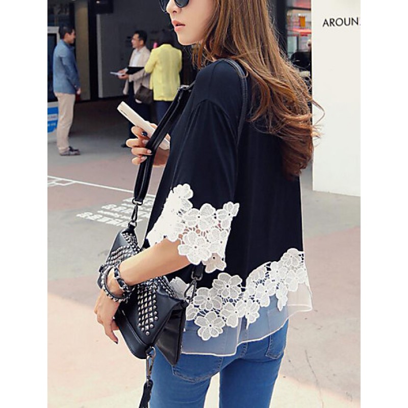 ACGCUL Women's Casual/Daily Street chic Summer T-shirtPatchwork Round NeckLength Sleeve Black Polyester Medium