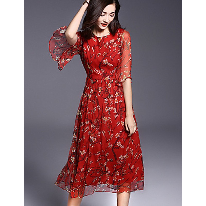 ACGCUL Women's Casual/Daily Boho / Street chic Plus Size / Chiffon Dress,Floral Round Neck Midi ? Length Sleeve Red Silk Summer