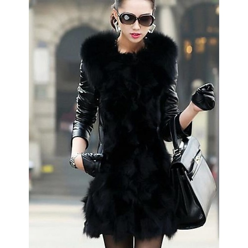 ACGCUL Women's Winter Fox Fur Leather Coat