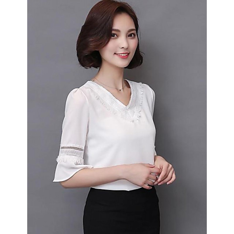 ACGCUL Women's Going out Street chic Fall Blouse,Solid V Neck ? Length Sleeve White Polyester Thin