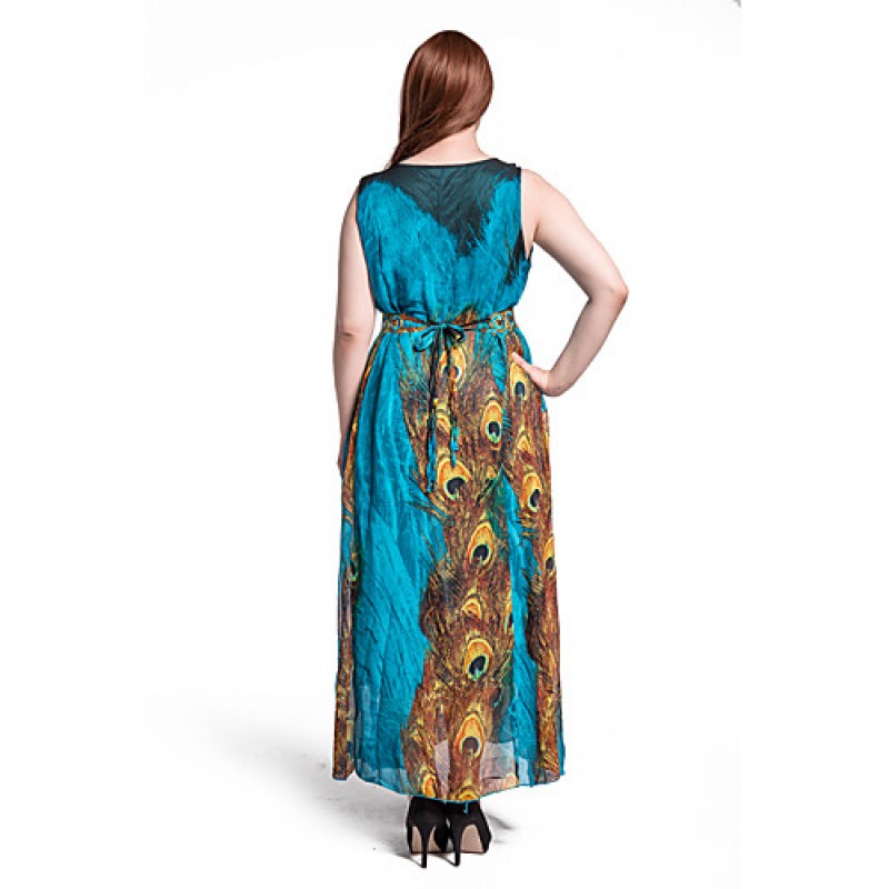 ACGCUL Women's Beach Plus Size / Swing Dress,Animal Print Round Neck Maxi Sleeveless Blue Polyester Summer