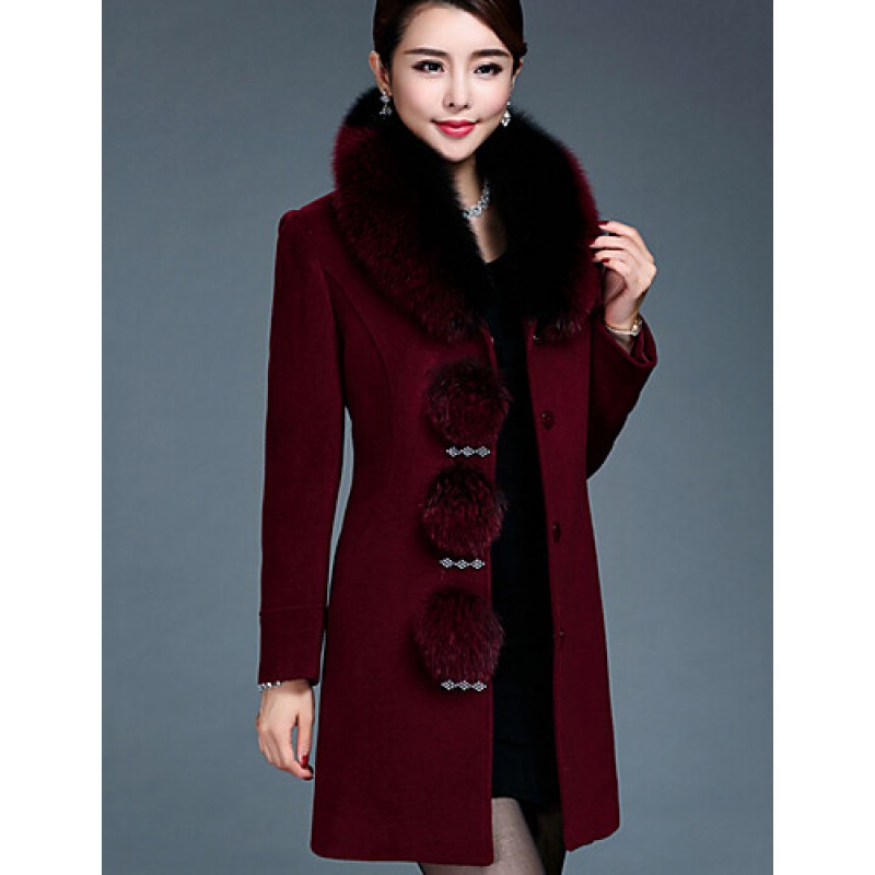 ACGCUL Women's Plus Size / Casual/Daily Simple Coat,Solid Round Neck Long Sleeve Winter Red / Black Wool / Faux Fur Thick