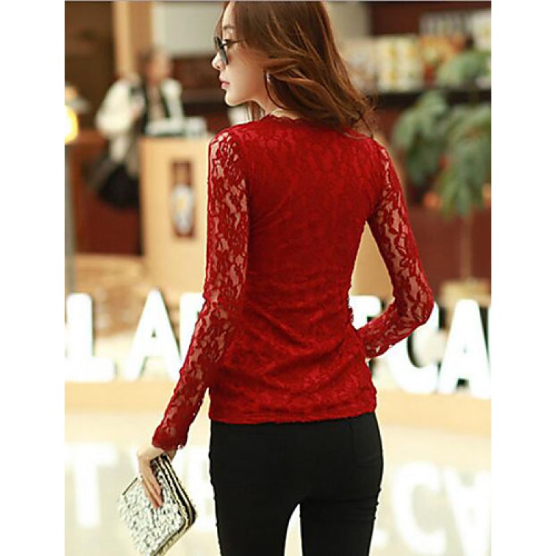 ACGCUL Women's Casual/Daily Simple Fall Blouse,Solid Round Neck Long Sleeve Red / White / Black Cotton / Rayon / Polyester Thin