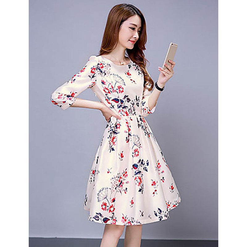 ACGCUL Women's Vintage Print Sheath Dress,Round Neck Knee-length Polyester