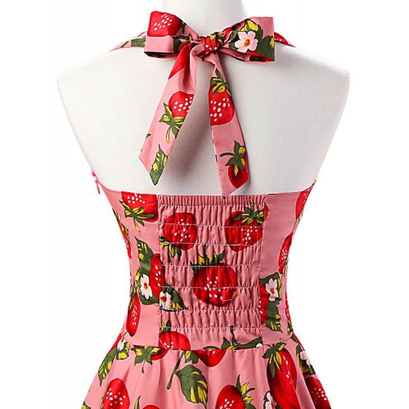 ACGCUL Women's Pink Strawberry Pattern Floral Dress , Vintage Halter 50s Rockabilly Swing Dress