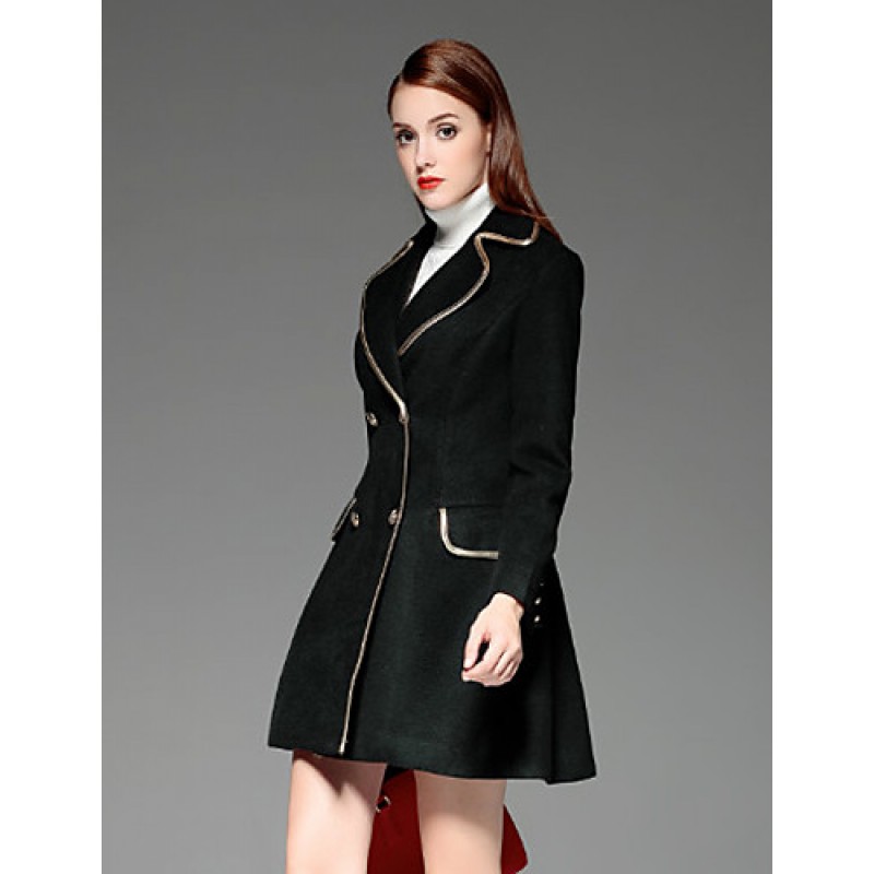 ACGCUL  Women's Going out Vintage Coat,Solid Notch Lapel Long Sleeve Winter Black Wool Opaque