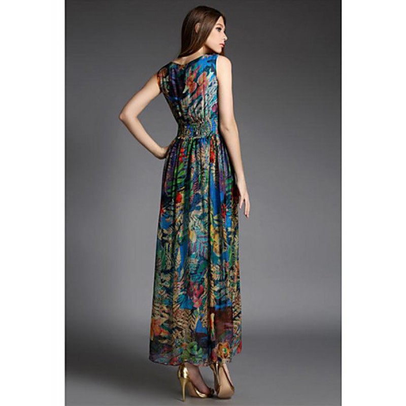 ACGCUL Going out Street chic Sheath Dress,Print V Neck Maxi Sleeveless Blue Silk Summer High Rise