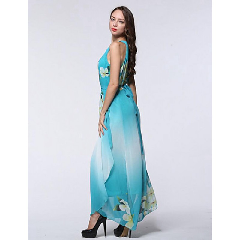 ACGCUL Women's Holiday / Plus Size Boho Chiffon Dress,Print Round Neck Maxi Sleeveless Blue Polyester Summer