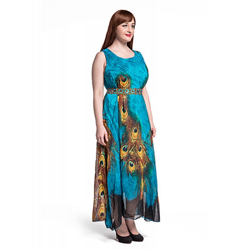 ACGCUL Women's Beach Plus Size / Swing Dress,Animal Print Round Neck Maxi Sleeveless Blue Polyester Summer