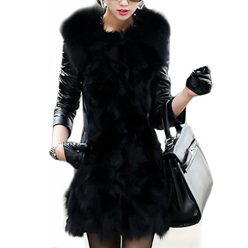 ACGCUL Women's Winter Fox Fur Leather Coat