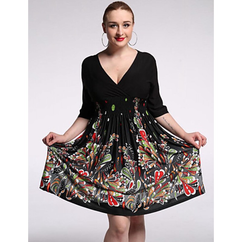 ACGCUL Women's Beach / Plus Size Boho Chiffon Dress,Floral V Neck Knee-length 陆 Length Sleeve Black Polyester / Spandex Summer