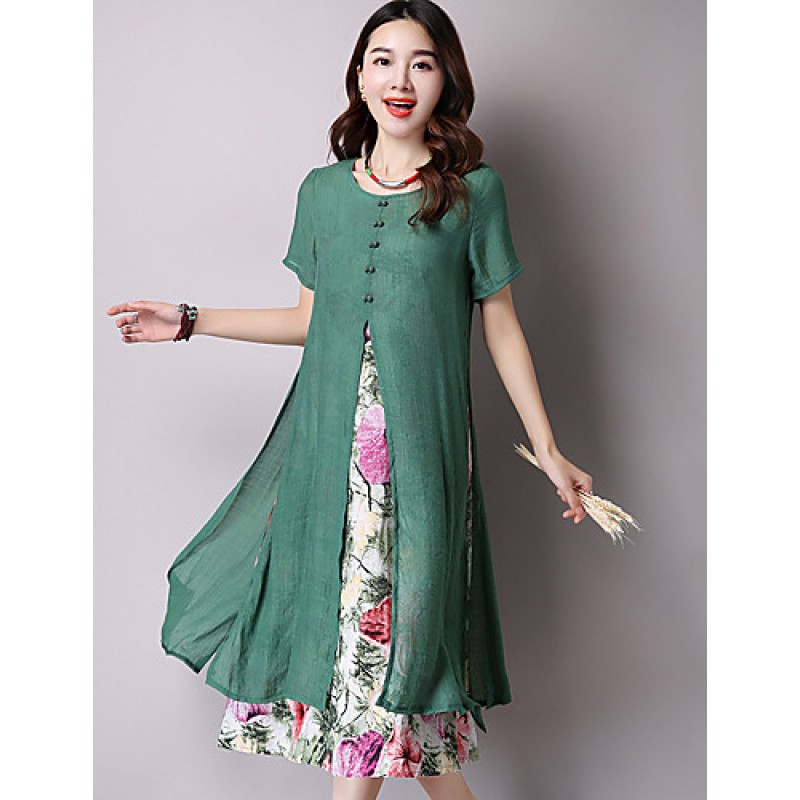 ACGCUL Women's Vintage Ethnic Print Floral Loose Dress,Casual/Daily Round Neck False two Midi Sweet Cotton / Linen