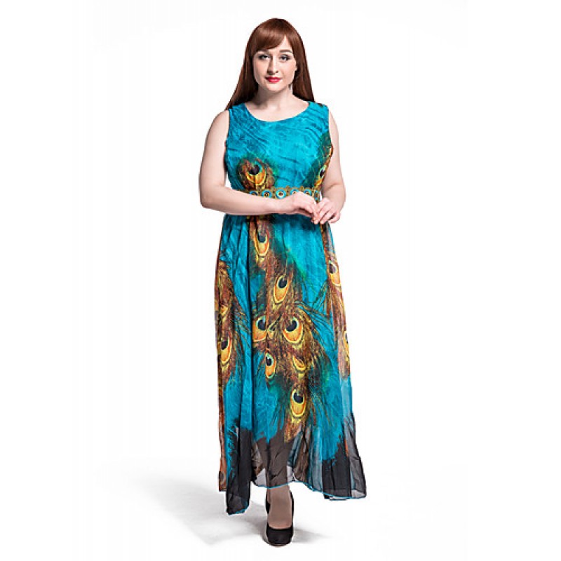 ACGCUL Women's Beach Plus Size / Swing Dress,Animal Print Round Neck Maxi Sleeveless Blue Polyester Summer