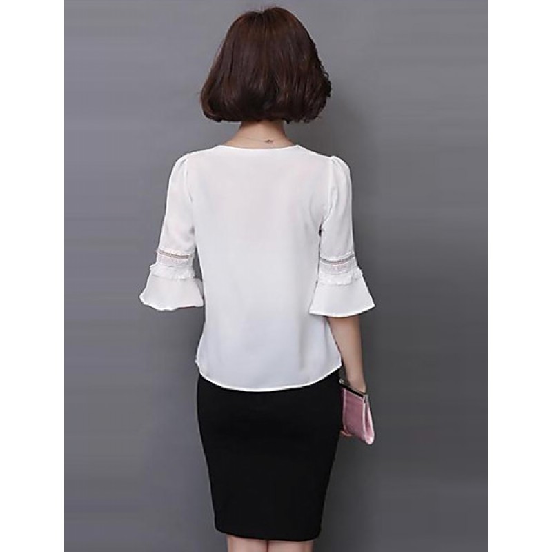 ACGCUL Women's Going out Street chic Fall Blouse,Solid V Neck ? Length Sleeve White Polyester Thin