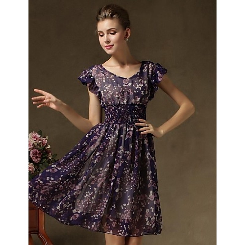 ACGCUL Women's Vintage Short Sleeve Floral Print Chiffon Dress