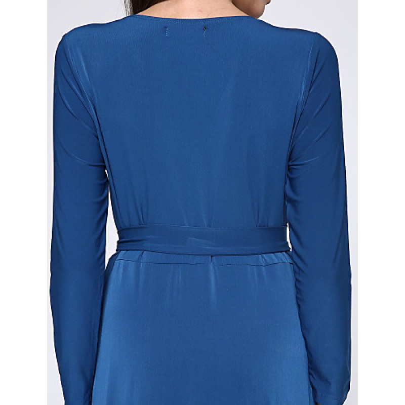 ACGCUL Women's Party/Cocktail Plus Size Plus Size Dress,Solid V Neck Midi Long Sleeve Blue Spandex Fall