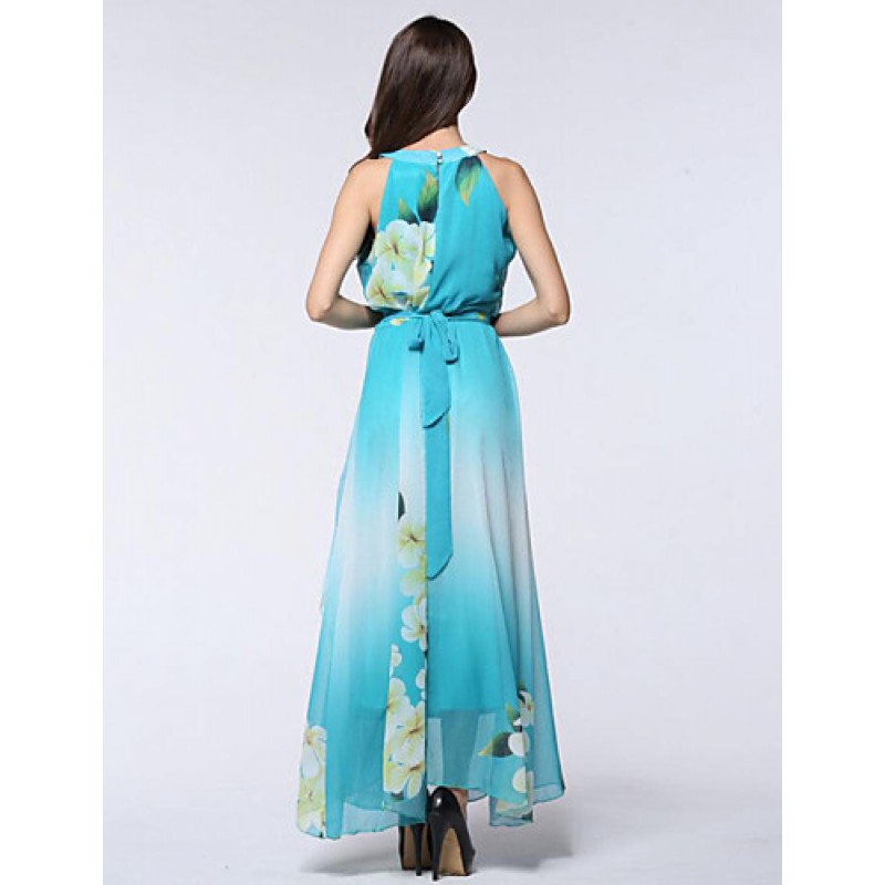 ACGCUL Women's Holiday / Plus Size Boho Chiffon Dress,Print Round Neck Maxi Sleeveless Blue Polyester Summer