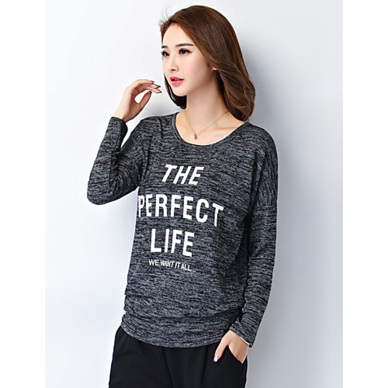 ACGCUL Women's Plus Size / Casual/Daily Vintage All Seasons T-shirtLetter Round Neck Long Sleeve Black Polyester Medium