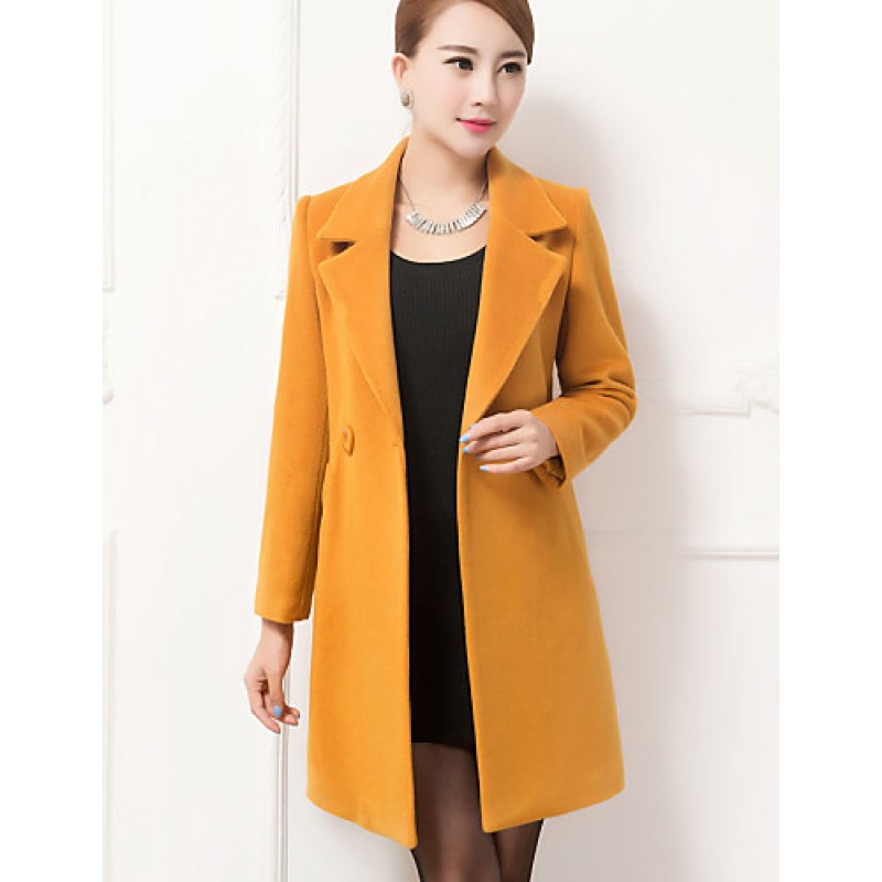 ACGCUL Women's Coat,Solid / Patchwork Peaked Lapel Long Sleeve Winter Blue / Black / Yellow Wool / Others Thick