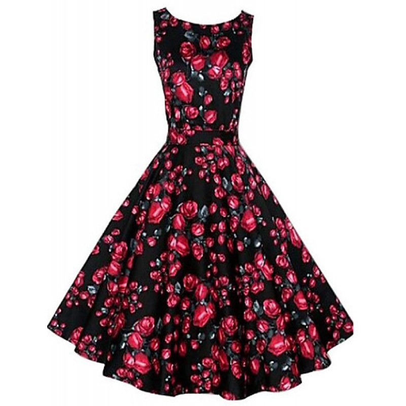 ACGCUL Women's Vintage/Party/Plus Sizes Flower Print 1950's Prom SwingDress (Polyester/Cotton Blends)