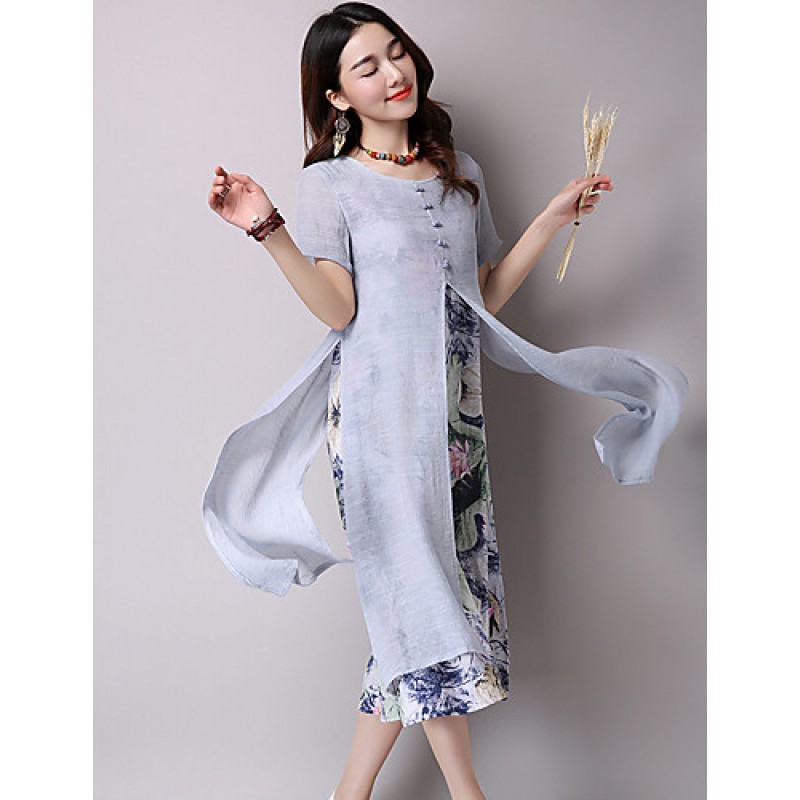 ACGCUL Women's Vintage Ethnic Print Floral Loose Dress,Casual/Daily Round Neck False two Midi Sweet Cotton / Linen