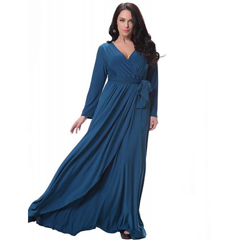 ACGCUL Women's Party/Cocktail Plus Size Plus Size Dress,Solid V Neck Midi Long Sleeve Blue Spandex Fall