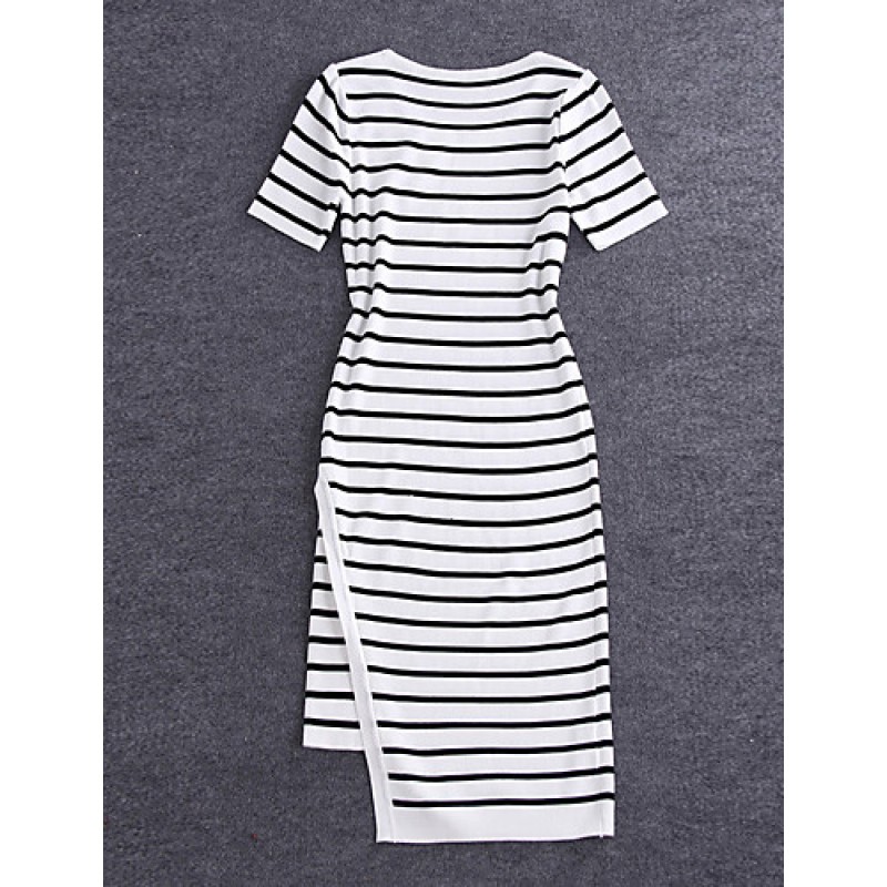 ACGCUL Boutique S Going out /Daily Cute Sheath DressStriped Round Neck Midi Short Sleeve White/Polyester Summer Mid Rise