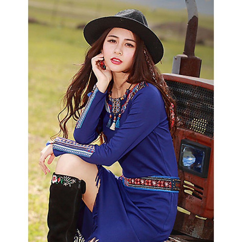 ACGCUL Our StoryGoing out Vintage Sheath DressPaisley Round Neck Midi Long Sleeve Blue Polyester / Spandex Spring