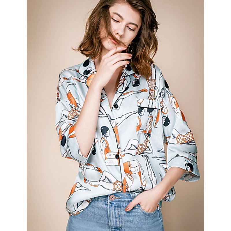 ACGCUL LIANGSANSHIWomen's Casual/Daily Street chic Summer Shirt,Print Shirt Collar ? Sleeve Blue Polyester / Others Thin