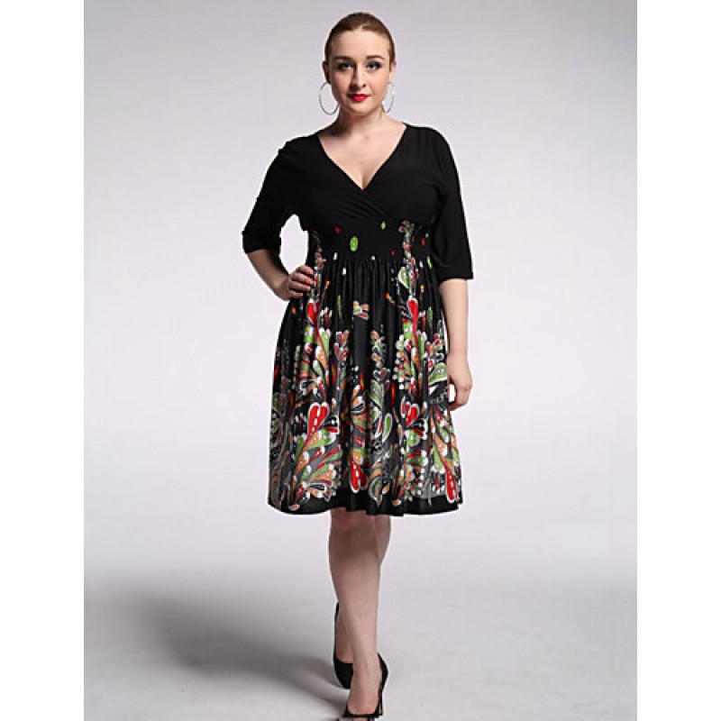 ACGCUL Women's Beach / Plus Size Boho Chiffon Dress,Floral V Neck Knee-length 陆 Length Sleeve Black Polyester / Spandex Summer