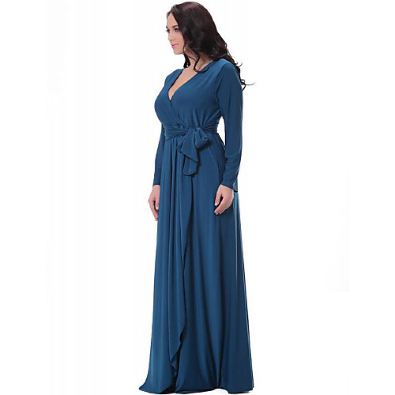 ACGCUL Women's Party/Cocktail Plus Size Plus Size Dress,Solid V Neck Midi Long Sleeve Blue Spandex Fall