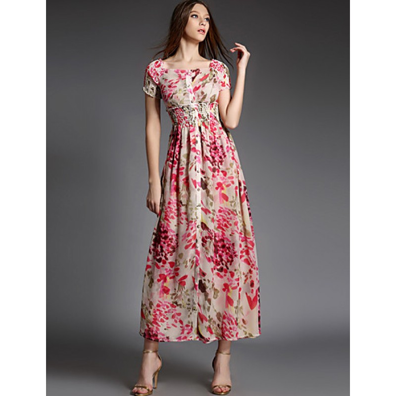 ACGCUL Women's Party/Cocktail Boho A Line Dress,Floral Square Neck Maxi Short Sleeve Pink Cotton Summer