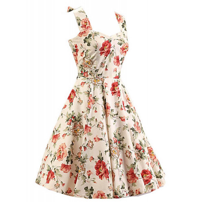 ACGCUL Women's Cream Floral Dress , Vintage Halter 50s Rockabilly Swing Dress