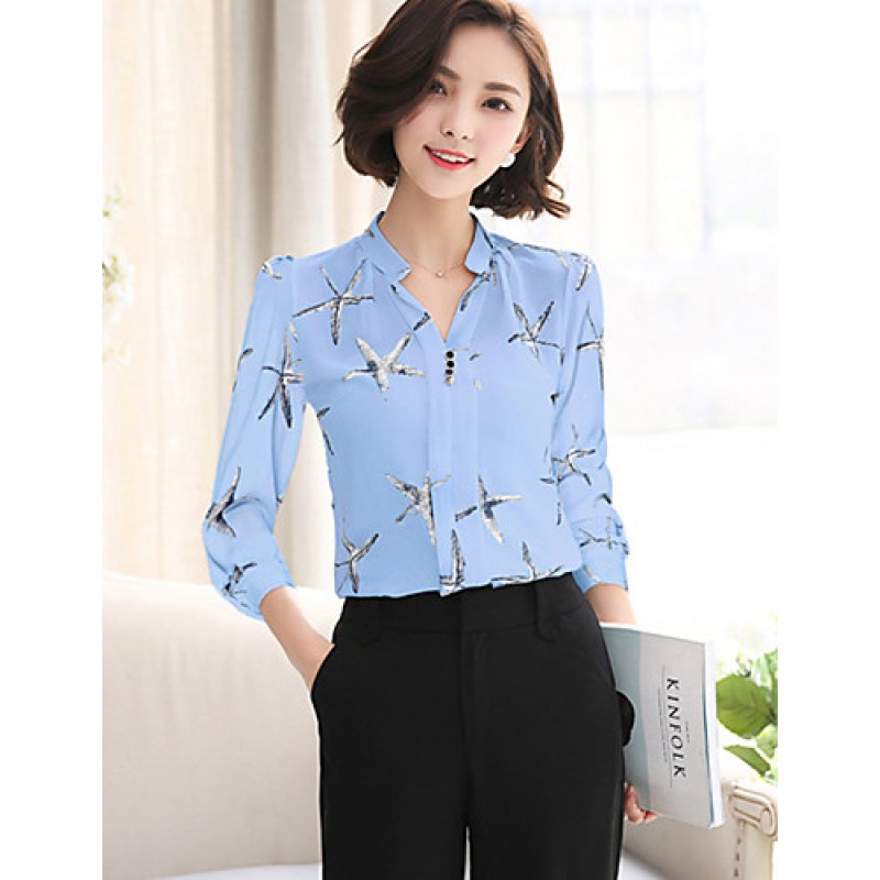 ACGCUL Women's Casual/Daily Street chic All Seasons ShirtPrint Stand Long Sleeve Blue / White / Black Rayon / Polyester Thin