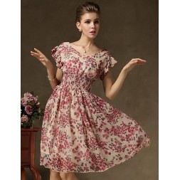 ACGCUL Women's Vintage Short Sleeve Floral Print Chiffon Dress