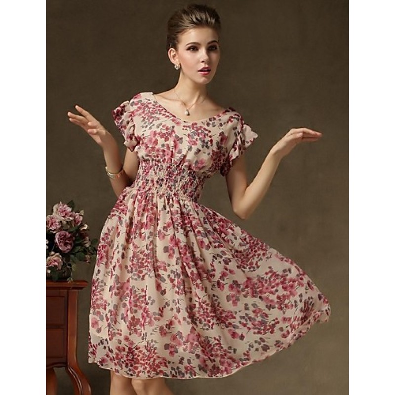 ACGCUL Women's Vintage Short Sleeve Floral Print Chiffon Dress