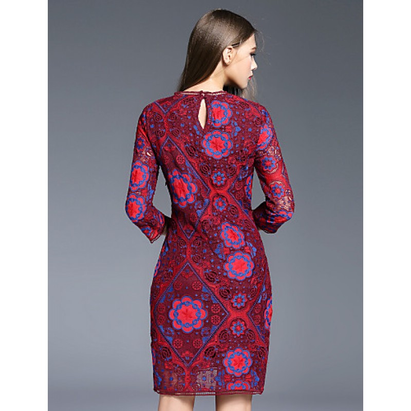 ACGCUL Boutique S Women's Going out Vintage Sheath Dress,Floral Round Neck Above Knee ? Sleeve Red Polyester