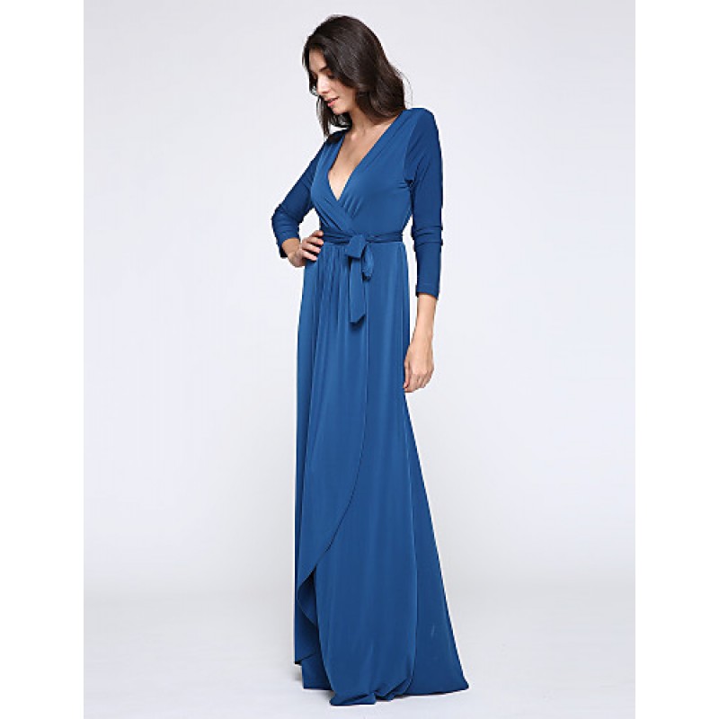 ACGCUL Women's Party/Cocktail Plus Size Plus Size Dress,Solid V Neck Midi Long Sleeve Blue Spandex Fall