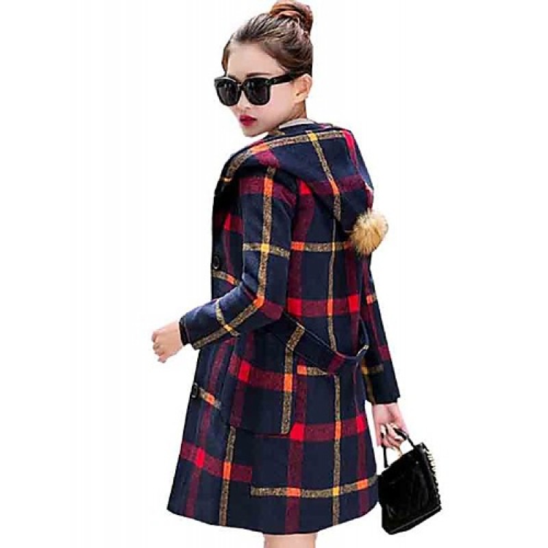 ACGCUL Women's Going out Cute Preppy Style Coat,Plaid Hooded Long Sleeve Winter Blue