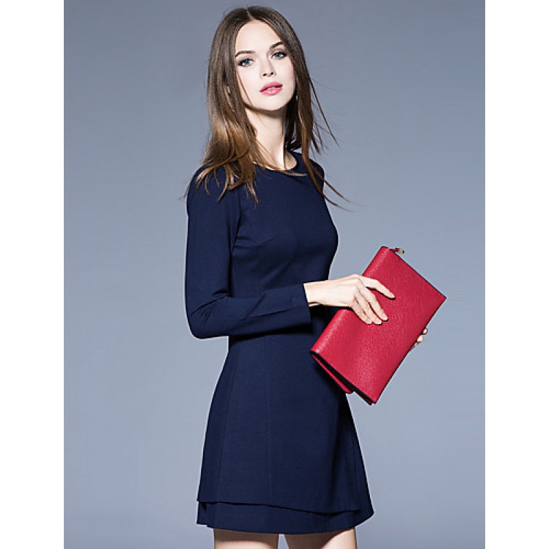 ACGCUL Boutique S Women's Formal Simple Sheath DressSolid Round Neck Above Knee Long Sleeve Blue Cotton / Polyester Spring