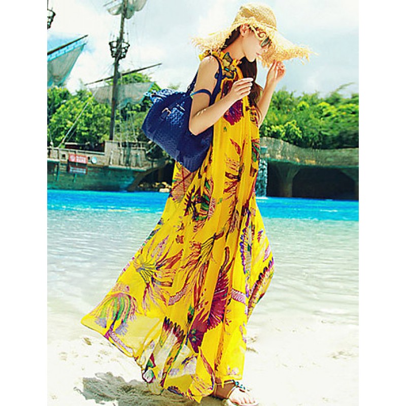 ACGCUL Beach Swing Dress,Print Maxi Sleeveless Yellow Summer Inelastic Thin