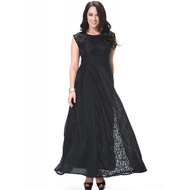 ACGCUL Women's Beach Plus Size / Lace Dress,Solid Round Neck Maxi Sleeveless Black Polyester Spring